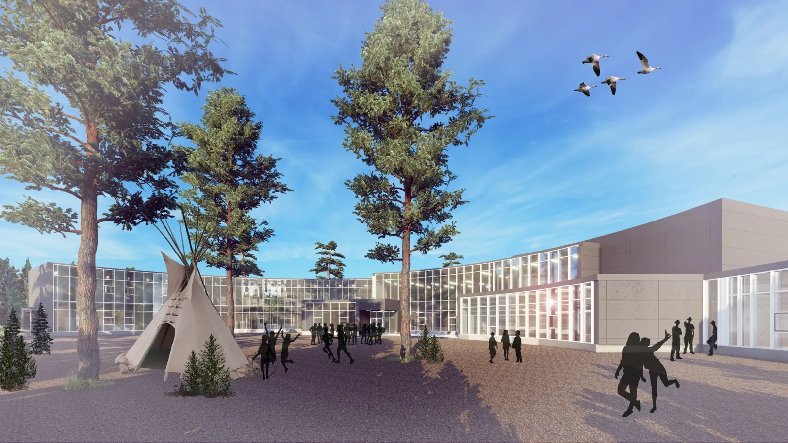 Rendu architectural 3D de l'école primaire Lac Barrière avec un tipi et des silhouettes dans la cour