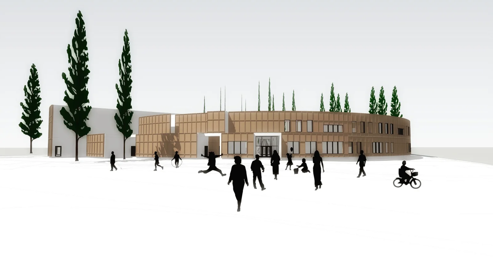 Rendu architectural d'une vue extérieure de l'école primaire Lac Barrière avec silhouettes dans la cour