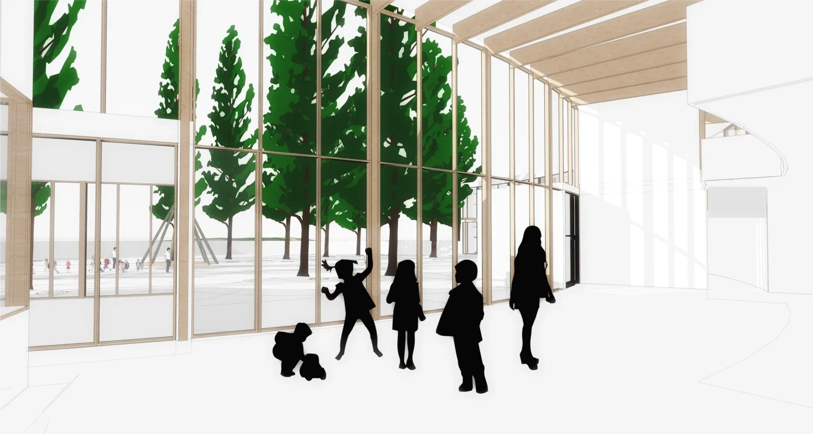Rendu architectural d'une vue intérieure de l'école primaire Lac Barrière avec silhouettes