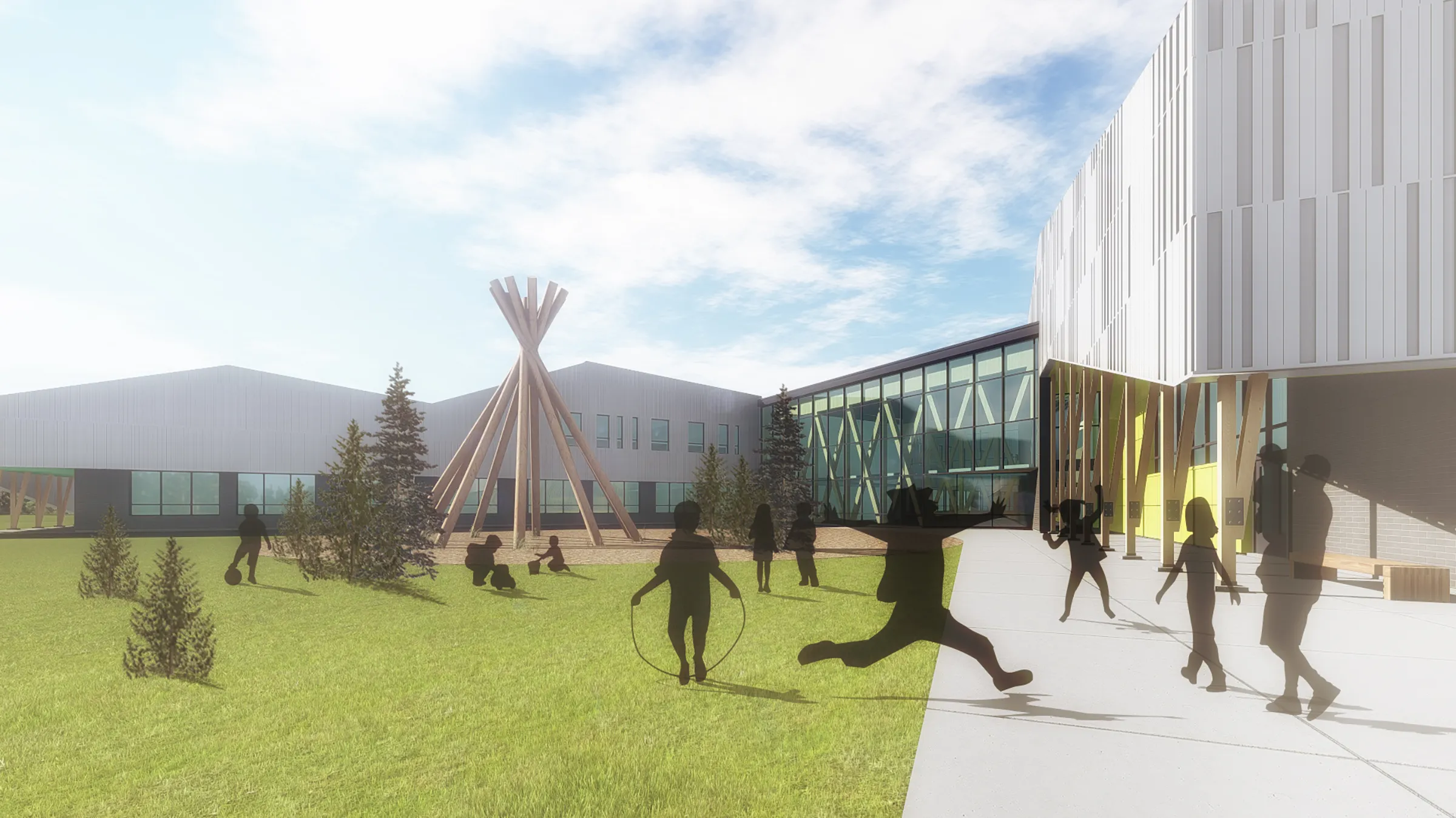 Rendu architectural 3D de l'école primaire de Chisasibi avec simulation de silhouettes qui jouent dans la cour d'école