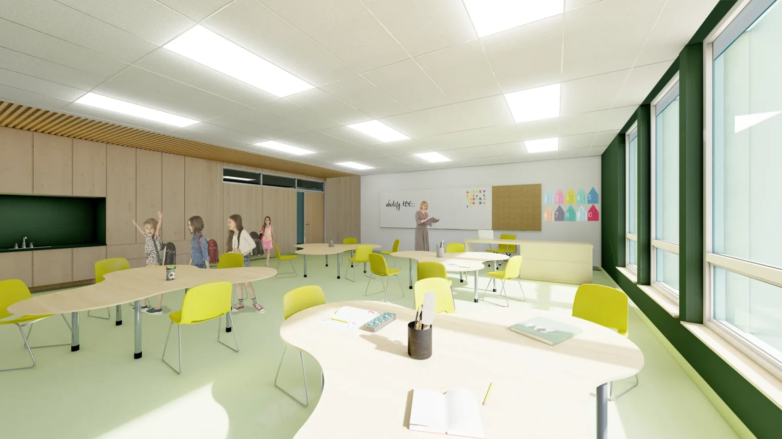 Rendu architectural 3D à l'intérieur d'une classe d'école primaire